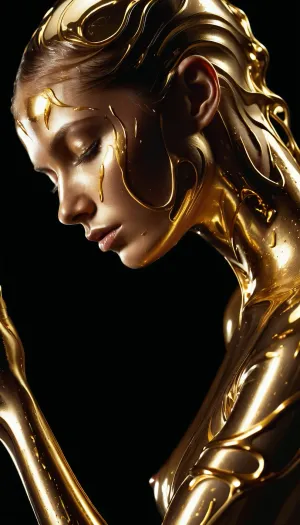 "A human figure partially enveloped in flowing liquid metal, resembling molten gold or mercury. The metallic surface reflects light dynamically, creating a surreal and futuristic aesthetic. The metal seamlessly merges with the skin, forming intricate patterns and organic shapes. Dramatic cinematic lighting, ultra-detailed, hyper-realistic, smooth reflections, futuristic and artistic composition."
