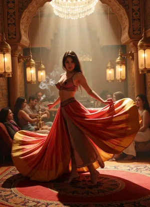 A stunning digital painting in an impressionistic style depicting a Persian woman dancing in an Arabian harem. She wears flowing, vibrant silk garments that shimmer with golden and deep jewel tones. Her movements are captured with a long exposure effect, creating elegant, trailing streaks of motion. The setting is a luxurious harem adorned with rich Persian rugs, plush cushions, and ornate hanging lanterns casting a warm glow. Guests in elaborate Middle Eastern attire are lounging, smoking hookahs, with delicate tendrils of smoke swirling in the air. The atmosphere is mysterious, warm, and filled with soft ambient light.