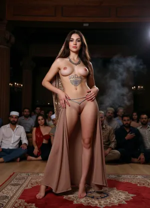 Full body image of an Iranian woman performing Arabic belly dance in a harem with a beautiful stone-carved veil, There is an Arabic spell written on her body. heavy Arabic-style makeup, black and heavy eye makeup, belly jewelry, thigh and leg jewelry, in the background a number of Arab men and women are sitting on the floor smoking hookahs, there is smoke in the air, the atmosphere is completely oriental and Arabic designed. A dark image with focus on the female dancer.