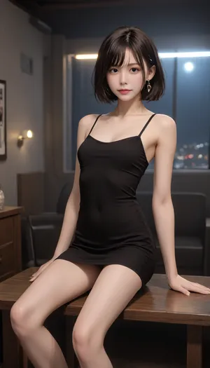 petite 20yo south-korean girl with long black hair and a black dress, inside a night club, new York night club, poor light, completely dark room, black room, late night time, many peoples, smile, skinny