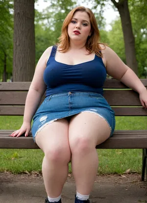 A fat, obese, vulgar, cynical whore. Sitting on a bench in a city park. She crossed her legs. Denim Miniskirt, short tank top, lace stockings, heels. One breast out. Bright, fucking makeup, lustful look of closed eyes. Indecent behavior.There are used condoms lying around, lots of used condoms, Trash, empty whiskey bottles