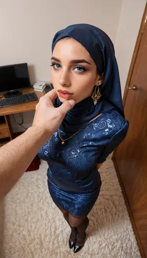 ultra detailed, realism, from above, submissive short, solo_focus, stands, legs, feets, arched back, 25 yo short, perfect natural round heavy petite breast, chocker, dynamic pose, black patterned stockings, marocan girl, in an office, dark blue hijab dress, flirts, acts like a whore, huge mans standing near her and graping her breast from an hand and with the other hand, je IS removing her dress, massive dicks, masturbates, horny mans, impatient mans, hands touch grab pull tug, hair pull, <lora:TG_Body_XL:.5>, burqa, style, <lora:burqa:.5>