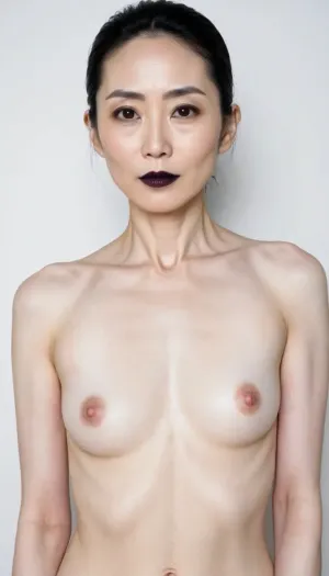 Passport photo, 48 years old Japanese woman, fully naked, very white and pale skin, looking at the Viewer, very skinny, flat breasts, insanely detailed photo, highest quality, black eyeshadows, black lips, black makeup, detailed skin texture, white background, Masterpiece, 4k, extremely white skin, smooth skin, soft skin, <lora:flat_chested_v3.5:.15>, <lora:ahxl_v1:.15>