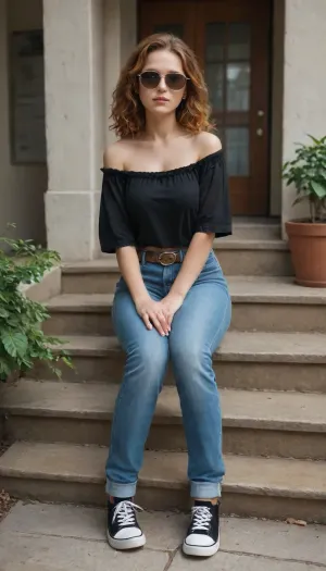 masterpiece, best quality, amazing quality, very aesthetic, absurdres, detailed eyes, realistic, a young woman sitting on a set of stone steps. She is dressed in a stylish outfit consisting of a white, off-the-shoulder blouse with ruffled sleeves and high-waisted, rolled-up blue jeans. She is wearing black sneakers with pink accents and a brown belt. Her ginger hair is styled in loose waves, and she is wearing large black opaque sunglasses. In the background, there are buildings with blue shutters and potted plants. A large handbag is placed on the steps beside her. artist, moriimee