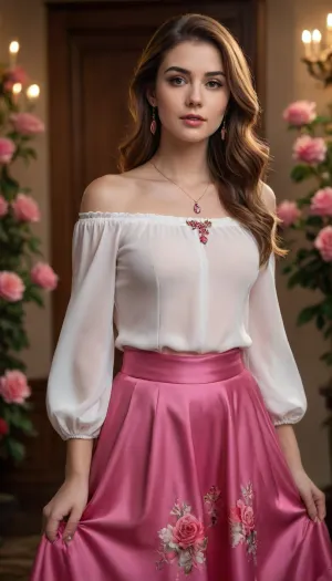 1girl, solo, standing, surrounded by pink roses, long flowing brown hair with multicolored highlights, off-shoulder white shirt, long sleeves, bare shoulders, red skirt, elegant necklace, earrings, nail polish, looking at viewer, hand on hip, soft lighting, highly detailed, realistic, beautiful face, delicate jewelry, gentle expression, cinematic lighting, floral background