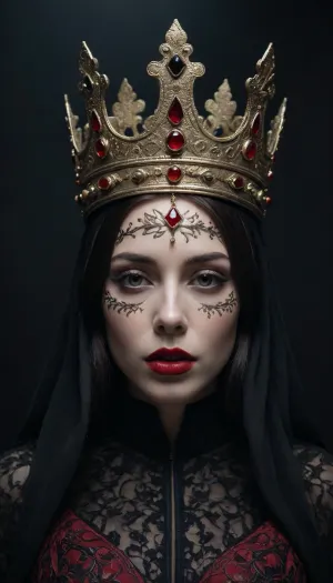 A woman in black fabric that completely covers her face and body, with a crown on her head. The crown is decorated with complex patterns and has dark red accents. The person's lips are painted with dark lipstick, which adds mystery and drama to the image. The overall tone of the image is dark and mystical.