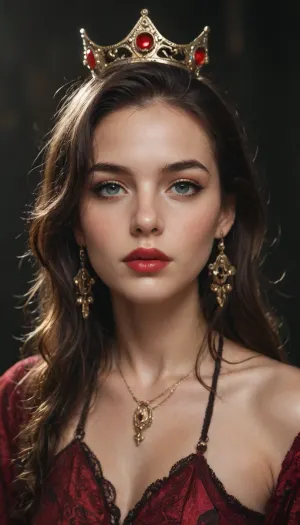 A woman in black fabric that completely covers her face and body, with a crown on her head. The crown is decorated with complex patterns and has dark red accents. The person's lips are painted with dark lipstick, which adds mystery and drama to the image. The overall tone of the image is dark and mystical.