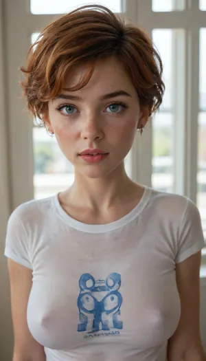 Jane Jetson, sexy, The Jetsons, horny housewife, housewife hooker, 20 years old, red hair, white wet t-shirt, skinny, busty, buxom, messy pixie cut, shy, bitting her lip, Lifting up her t-shirt, big decolte, open mouth, hands on boobs, hotel room, near window on high stages, night in window, white strings, very much freckles, close up view, ultra detailed, highly detailed eyes