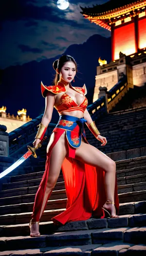 fullcolor image, 8K quality, night, fool moon, thunder flash, a beautiful sexy chinese woman, large breasts, slim athletic body, fighter in sexy traditional dress, ((fight with some demons on the steps of the imperial palace)), long chinese sword in her hand, ancient china, full body in frame, side viev