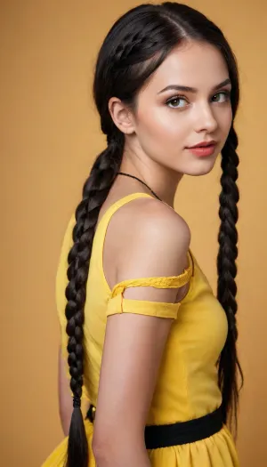 girl 18+, Russian, beautiful, athletic figure, beautiful eyes, long straight black hair below the shoulders, **Braids and waves, ** Black hair with braids that then turn into loose waves. Traditional Russian style with a modern approach., realistic, close-up, looking from behind into the camera, professional photo, yellow glossy background, chocolate lipstick, depth of field, fashion style photo, Shot with SCHNEIDER-KREUZNACH D-XENON 18-55 MM F/3.5-5.