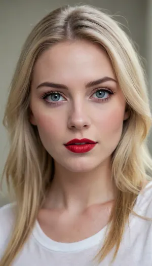 A young woman with long blonde hair and expressive makeup. She has fair skin, bright dark red lips and accentuated eyes with long lashes. She is wearing a white t-shirt and looks at the camera with a slight smile. The background is neutral, light colored.