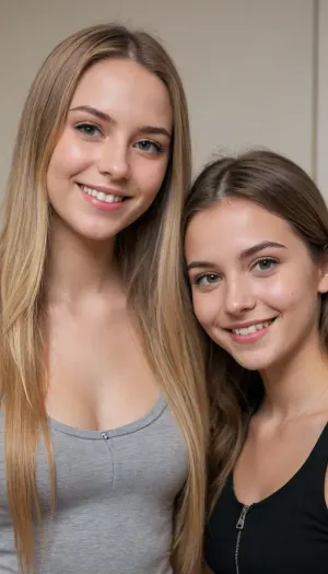 The photo shows two young women with long, light hair. Both are looking at the camera and smiling slightly. The girl on the left is wearing a black top, and the girl on the right is wearing a light top with a zipper. Both girls have their hair down and are in a room with a neutral background.