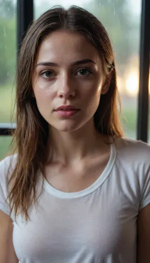 A young woman with long wet hair stands next to a window with raindrops running down it. The light falls on her face, highlighting her features and creating soft shadows. She looks away, her skin is shiny with moisture, and her lips are slightly parted. She is wearing a white T-shirt. The atmosphere of the photo is romantic and a little mysterious.