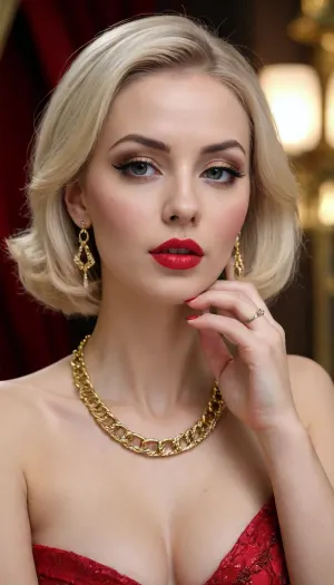 very seductive adult tatar beautiful woman, ultra bright blonde very special middle bob hairstyle, dark massive smokey makeup, red lips kissing armsand fingers, magnificent bust, open shoulders, big eyes, golden rings, chains and earrings