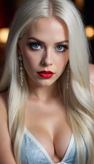professional photo. queen styles, luxurious straight long white hair, earrings, bimbo, night, bedroom, passion, huge beautiful shining bottomless blue eyes, huge fluffy eyelashes, arrows, dark evening make-up, wet red plump lips, posing close-up very close, stunning eyes