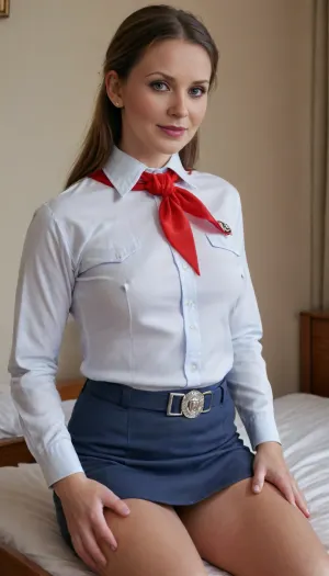 Beautiful dressed slim muscular naughty woman with extremely gigantic tits, high quality, pionyrka uniform, (full dressed), seductive, beautiful face, masterpiece, one girl, in the bedroom, sitting on the bed, no thongs, shining pussy, the nipples are visible through the shirt, full body view, (extremely gigantic tits:1), pionyrs, shirt, neckerchief, skirt, sash, badge, braless, Wearing, clothes, that, make, sense, with, Braless>, <lora:pionyrka:.5>, <lora:bralessSDXL_v1_00022:.5>