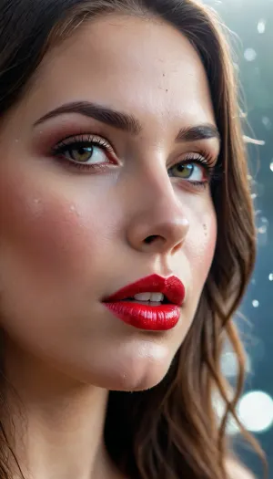 beatiful brunette, plump Red lips, long hair, sparkling face, diamond highlights, glitter on her face, water droplets sparkle around, high resolution, detail