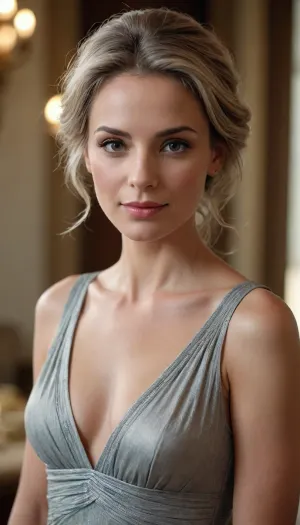Portrait of a beautiful elegant woman with refined facial features, a deep look and a slight smile. Her hair is beautifully styled, with natural silver strands emphasizing her age grace. She is dressed in a stylish but discreet dress, creating an image of confidence and charm. Warm, soft light.