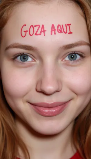 Closeup, (high-res photography), of the face of a 19 year old woman looking up to viewer, (big blue eyes), (snub nose), (sweet smile), (freckles), (ginger hair), .
Text handwritten on her forehead "GOZA AQUI" with red marker.