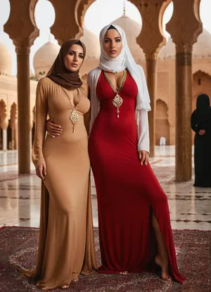 Full body vieuw, multiple_girls, breasts, 2girls, nipples, long very shapely legs, female_pubic_hair, pubic_hair, looking_up, small_breasts, sexy hijab, indoors, sexy thight marocan style gala dress with plunging neckline, arab_clothes, cameltoe, hijab, navel, realistic, brown_hair, jewelry, long_hair, fine_art_parody, blurry, necklace, mosque_background