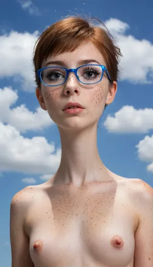 (Ebony black background), young gorgeous Jewish girl 18 years old, freckles on her face, (skinny), full-length, (big space eyes), short tall hair, (((big long eyelashes))), (((moles freckle spots all over her body))), (((puffy nipples, mini nipples, neat nipples))), (full view), (puffy nipples:1.5), pretty face, (simple makeup), (((big thin rectangle blue glasses with gold lens, (blue sky background with big clouds), young gorgeous Jewish girl 18 years old, freckles on her face, (thin), full-length, (big space eyes), short tall hair, bob cut, (((big long eyelashes)))), (((moles freckles all over her body))), (((puffy nipples, mini nipples, neat nipples))), (puffy nipples:1.5)), pretty face, (simple makeup), (((big thin narrow rectangular blue glasses))), big round eyes, top view, (side view:1.4), (((shiny boobs))), (long tapered boobs)), (maximum photo quality:1.4), (ultra realistic photo:1.4), (maximum realistic photo:1.4), (maximum resolution:1.4), (maximum hand quality:1.4), (maximum finger quality:1.4), (best finger detail:1.4), flat, breast, kilian, eng, style, page, big round eyes, top view, (side view:1.4), (((shiny boobs))), (long tapered boobs), Translated with DeepL.com, (free version), <lora:681678_training_data:1.4>, <lora:flat_chested_v3.5:.9>, <lora:Kilian Eng Style:.4>, <lora:ALisa_Selezneva_V5:.6>
