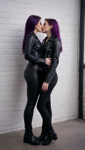 Two young lesbian lgbt women in leather jackets kiss on the lips against a white brick wall, dark gothic make-up, bright purple lipstick, full body view