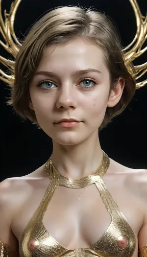 The young, fair-skinned model shows off an avant-garde bodysuit, taking inspiration from the complex, intricate designs of Iris van Herpen and the futuristic style of Ross Lovegrove. The bodysuit is made of openwork gold material, the lace structure of the jumpsuit has a futuristic parametric shape with openwork cutouts. Full-length. Against a pure white background, the image focuses sharply on the model's naked breasts and pubes, emphasizing the details of the gold jumpsuit.Smiling broadly, dimples on her cheeks.The patterned cutouts of the jumpsuit reveal naked breasts and pussy with bare pubes.Short hair. Brown haircut. A human figure partially enveloped in a fluid liquid metal reminiscent of molten gold or mercury. A human figure partially enveloped in a fluid liquid metal reminiscent of molten gold or mercury. The metallic surface dynamically reflects light, creating a surreal and futuristic aesthetic. The metal fuses seamlessly with the skin to form intricate patterns and organic shapes. The background is starry sky, deep space. parametric style openwork spatial structures floating in space, glittering and sparkling. Dramatic cinematic lighting, ultra-detailed, hyper-realistic, smooth reflections, futuristic and artistic composition.”, (showing off her pussy), detailed face, Amidala, p4dme woman, .5>, Translated with DeepL.com, (free version), cyberpunk, glasses, led, <lora:Dance_Art:.4>, <lora:654321_training_data:1.1>, <lora:ALisa_Selezneva_V5:1.3>, <lora:ahxl_v1:.7>, <lora:289049_training_data:.8>
