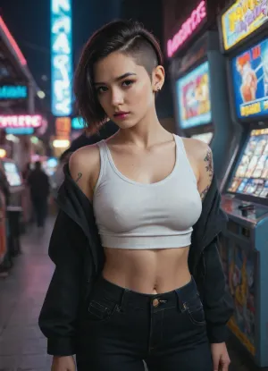 score_9, score_8_up, score_7_up, (UHD 8K, masterpiece, best quality, maximum details, night time, extreme realism, cinematic still), (neon lights), beautiful 21 years old asian girl, arcade, black hair, undercut hair, short hair, brown eyes, perky breasts, (navy hoodie sweater), loose white tank top, black cargo pants, black combat boots, skinny, pale skin, (((tattoos))), purple lipstick, black manicure, black pedicure, standing, worried
