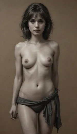 a drawing of a woman, 40 yo, brunette with a fringe, very small tits, one piece sarong, frizzy hair, cut leg, skin exposure, detailed but rough, sketches, detailed sketch, rough sketch, old sketch, sketch art, detailed penciling, matte sketch, highly detailed sketch, sketches wide angle view, realism, charcoal, drawing, <lora:EldritchCharcoalXL1.1:.5>