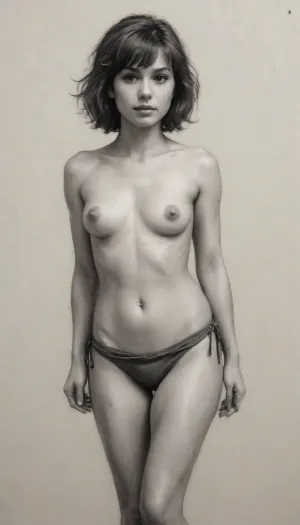 a drawing of a woman, 40 yo, brunette with a fringe, very small tits, one piece sarong, frizzy hair, cut leg, skin exposure, detailed but rough, sketches, detailed sketch, rough sketch, old sketch, sketch art, detailed penciling, matte sketch, highly detailed sketch, sketches wide angle view, realism, charcoal, drawing, <lora:EldritchCharcoalXL1.1:.5>