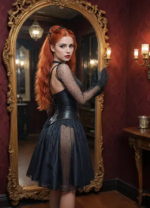 masterpiece, best quality, dark background, 1girl, solo, Looks in the mirror, long hair, ponytail, orange hair, very long hair, brown hair, magical girl, (style Michael Cheval:1.5), leather, halter, gown, knee, length, short, elbow, gloves, full, body, shot, <lora:abstract_k_XL:.7>