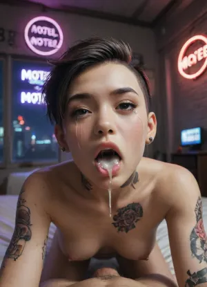 score_9, score_8_up, score_7_up, (UHD 8K, masterpiece, best quality, maximum details, night time, extreme realism, cinematic still), (neon lights), (motel room), beautiful 21 years old asian girl, black hair, (((Asian))), (((undercut hair))), short hair, brown eyes, (pointy breasts), (topless), shaved pussy, skinny, pale skin, (((tattoos))), (purple lipstick:1.1), black manicure, black pedicure, kneeling, (crying:1.5), (mouth open), (pov), (cum in mouth:1.5)