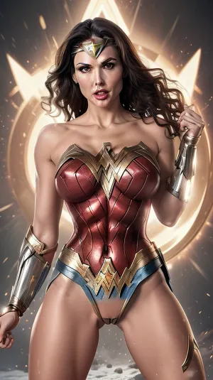 Wonder-woman, orgasm, full show naked athletic body, erect huge tits, big lips, erect big nipples, show erect huge hole vagina, clean pussy, 4k definition, creative