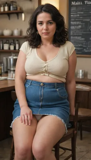 A 50 year old milf sitting on a chair at a small table in a coffee shop wearing a denim skirt and blouse. She is opening her legs and showing her panties, (maxi length denim skirt:1.6), (Panty flash:1.6), (50 years old:1.6), (chubby:1.6)