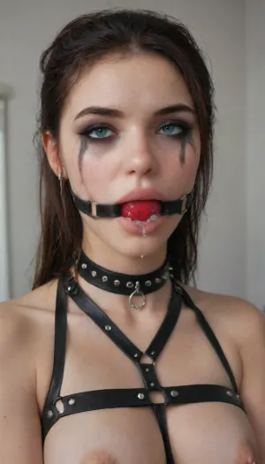 Portrait, 8k uhd, high quality, high resolution, all of focus, ultra-detailed, professional photography, photorealism, realistic, sharp line, beautiful sexy fit dark goth girl, beautiful face, long hair, ponytail, dark blonde hair seductive face, makeup, mascara, ((smeared makeup, messy mascara, mascara line, smeared mascara)), (((cum on face, cum on mouth, cum on tits))), exposed tits, dark lipstick, slave collar, nipple rings, septum piercing, (((harness ball gag))), (((haness ballgag, face harness, (harness gag), trainier gag, big harness))), piercing, ring, ghv7, gag, harn3ss, bondage, harness, crotchless, <lora:ballgag:1>, <lora:nippleRing:.7>