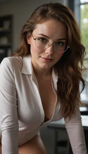 21yo busty stunning sexy secretary, Russian Ukrainian, very slim waist, long leg, glasses, perfect pure determined face, short, white leather unzipped very deep-v full body tight suit, short boots, big earring, slender, on all fours on the boss's desk, well-build body, medium tits, small lips, lots of freckles face and skin, blush on the checks and nose, (raised nasal tip, upturned button nose, upturned nose, delicate nose, nose), brown wild wet hair with sidelocks, very sexy smile, full HD masterpiece, clear ultra-detailed, in a corporate open office, side view, Golden hour sunlight filters through nearby trees, creating dramatic shadows and highlighting her fair skin