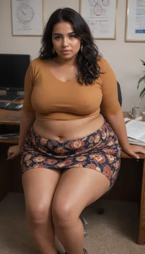 (45 year old Indian woman), (brown skin:1.8), (black hair:1.8), long straight hair, obese, sitting on a desk in a small office, slutty, (long patterned skirt:1.8), (fat:1.5), fat legs