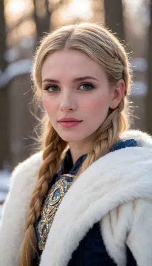 A fiercely proud Nordic girl stands, her presence exuding unwavering strength. Her blonde braids cascade down her back, framing a face marked by determination and resilience. This stunning portrait captures her piercing blue eyes, reflecting the icy landscapes of her homeland. The intricate details of her embroidered Viking armor and fur-lined cloak speak of her warrior spirit. This high-quality painting seamlessly combines power and grace, drawing the viewer into the captivating story of a fierce Nordic warrior princess. body manipulations, divine proportion, non-douche smile, gaze into the camera, holographic shimmer, whimsical lighting, enchanted ambiance, soft textures, imaginative artwork, ethereal glow, silent Luminescence, whispering Silent, iridescent Encounter, vibrant background, full body, (((rule of thirds))), high quality, high detail, high resolution, (bokeh:2), backlight, (long exposure:2)