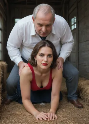 ((Fat old man with natural thick cock, fully clothed)), lifted milf's skirt, ((fucking her doggy style in hairy cunt)), mature gorgeous milf in a barn with hay, ((hairy privates)), ((cum)), full body view, perfect hands, perfect fingers, perfect anatomy, realistic skin, pores on skin, freckles, moles, spots, wrinkles, black eyelashes, red lipstick, detailxl, <lora:SDXL Detail:.5>, <lora:add-detail-xl:.5>, <lora:xl_more_art-full_v1:.5>