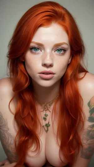 20 year old Woman, Incredibly beautiful, short ginger hair, messy hair, light green eyes, big eyes, camera focused on her neck amd face, lots of freckles on her face, juicy lips, licking her lips, open mouth, tattoos on her neck, rose tattoos on her cheeks, pierced nose, gold jewelry, half closed eyes, lust full look, lusty eyes, long eyelashes lashes, ginger, bttrfrckl, licking, lips, <lora:ginger_v03:.5>, <lora:ddll_v1:.5>, Jewel_Riley, (redhead:1.3), freckles, <lora:Jewel_Riley:.5>