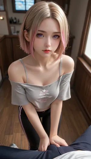 30 year old girl, score_9, score_8_up, score_8, score_7_up, score_7, sexy girl, detailed eyes, dark eyebrow, cute face, petite body, short, small face, cute, easynegative, slender, score_6_up, indoors, from above, body, uncensored, neon lights, glowing, (horny face:1.5), solo, blonde hair color shag hairstyle, pink highlights, eyelashes, makeup, eye shadow, blush, lipstick, perky, voluptuous, fingernails, shiny skin, egirl, nerdy, lowcut black latex pants, neon sneakers, side view, she is looking forward, japanese bar, lowcut lawn grey top, she is standing behind the counter, (curvy back), (loose-off_shoulder), (naughty expression:1.5), high angle view, (leaning forward), (her hands are on a guy pants:1.5), (her hand is caressing a guy crotch:1.5), pov, <lora:CoraXL:.5>