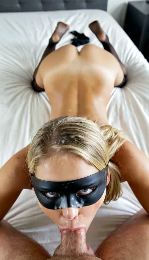 blond woman, 25yo, with blindfold laying on bed with man in background, blindfolded, blindfold, black blindfold, fantasy blindfold, focus on her face, showing her face, blonde goddess, submissive, petite, beautiful perky tits visible, dominant pose, in front and behind, masked, blonde, blue and grey colored eyes, neatly coming out of her head, fully dressed, lots of cum dripping from side of mouth, lit from behind, shy looking down, 8k, photorealistic, intricately detailed face