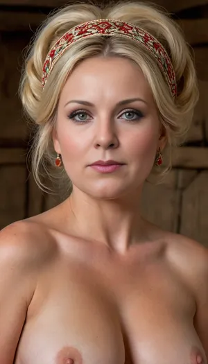 (4K UHD ultra-detailed RAW photo), high detailed, 8k, (photorealistic:1.7), 45 yo peasant scared woman in hayloft, ((milf:1.4)), (wearing Ukrainian national headband, Embroidery), ((voluminous blonde updo bangs haircut)), (nude), ((full body view)), ((makeup:1.5)), plump, skindentation, chubby, bbw, venus, body, big, breasts, ass, <lora:Chubby BBW - XL:.5>