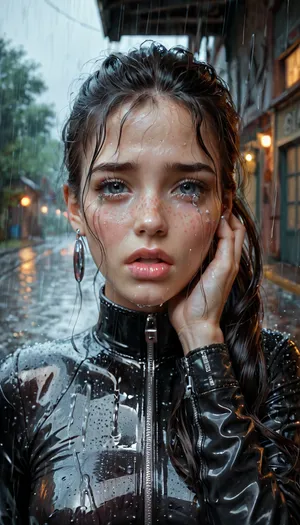 rainy day, 19 years old, caucasian, beautiful long ponytail, black hair, innocent russian model, freckles, full lips, big eyes, innocent look, in pain, crying, hurt, lips slightly parted, tiny mouth hole, excited expression, hand brushing hair off face, petite body, wearing tight latex club pants, open zipper club pants showing her big tits, boots, in an abandoned gas station at night, detailed background, eye contact looking at viewer