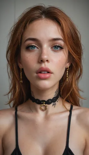 20 year old Woman, Incredibly beautiful, long ginger hair, messy hair, camera focused on her neck amd face, lots of freckles on her face, juicy lips, pink lips, open mouth, tattoos on her neck, rose tattoos on her cheeks, pierced nose, gold jewelry, half closed eyes, lust full look, lusty eyes, long eyelashes lashes, wjqnosep, <lora:wjqnosep-13:.5>, pink-emo, <lora:pink-emo-v1.0:.5>, 1girl, russian, <lora:RussianDollV3:.5>