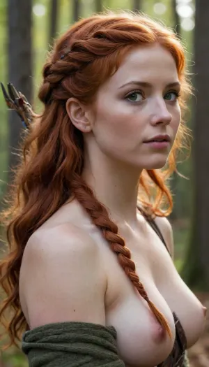 In the midst of Sherwood Forest, there exists a legendary figure, a red-haired female archer, as elusive and cunning as her male counterpart. Standing at an average height, her fiery hair cascades down in loose waves, the color of freshly fallen autumn leaves. A stray curl often escapes her tightly bound, practical braid, framing her sharp, freckled face. Her green eyes, the color of the forest after rain, are always alert, scanning the surroundings with a mix of mischief and determination.

Her skin, kissed by the sun, bears the marks of many days spent in the wild—tanned but strong, the skin toughened by both the wind and the trials of forest life. Her lips, often pulled into a sly grin, betray her playful yet fearless spirit. The hardened expression of a woman used to hardship softens only for her comrades, where her confidence shines through.

She is competely naked, wears no tops, exposing her small breasts, show pussy, show breasts.

Her boots, worn but functional, are high enough to protect her from brambles but flexible enough for rapid footwork on rugged terrain.

On her hands, she wears a pair of fingerless gloves, allowing her to grip her bow with ease. Her bow itself, crafted from sturdy yew, is slung over her back along with a quiver of arrows, each fletched with a feather of bright red—her own signature mark. A small knife, sharp and efficient, rests at her waist.

Her presence, marked by her red hair and striking attire, makes her a feared and admired figure in both the woods and among the oppressed. To those who stand for justice, she is a symbol of hope. To her enemies, she is a shadow in the trees, too swift and elusive to capture.