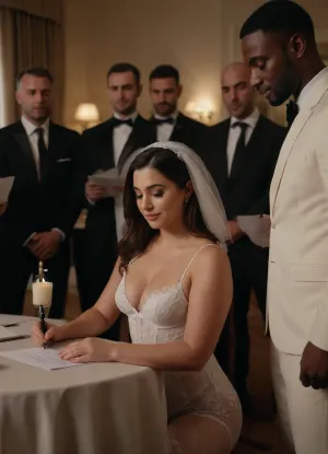 Sad submissive white modern cuckold man signing a contract, while his curvy white dominant Iranian wife with a sexy wedding bodysuit and stockings stands next to him and looks at the contract with a smile. many black men sitting in the background and clapping.
