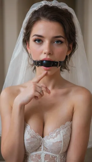white slut bride in slutty fetish wedding dress costume. in lux villa., ball, gag, white lace month gag, spider, bit, ring, <lora:gagged-4e:.7>