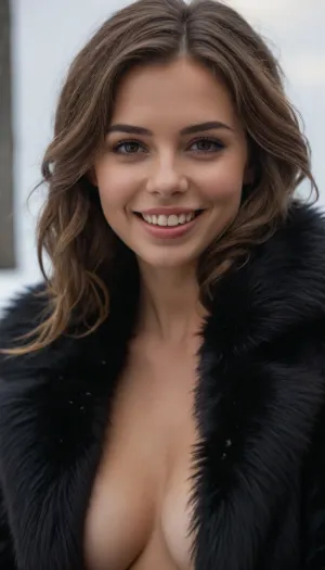 Cute Brunette, long messy hair, voluptuous body, ((((full body view))), over exposed photo, (high detailed skin:1.2), (detailed skin texture:1.1), (super detailed face:1.1), (highly detailed hair:1.1), 1 girl, pretty face, (detailed fur coat:1.3), vintage photo, ultra-realistic, 8k, ((hairy pussy)), brunette pubes, (detailed pussy), no panties, (fur), (((black fur coat))), (((naked top)), braid in hair, fog, snowy, snow, ice, perfect brown eyes, voluptuous, milky skin, smile perfect teeth, pov from top, vintage photography, lens flare on camera))