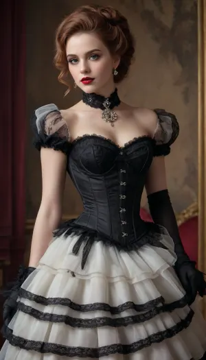 Échos d'élégance : un portrait vintage de charme intemporel

- Oui.

Au cœur d'un studio antique, une figure frappante se pose, un portrait vintage d'élégance et de charme. Habillée d'un costume transparent inspiré de l'ère victorienne, elle était une vue captivante à voir. Son corset blanc, orné de perles noires, accentue sa silhouette, tandis que les gants de dentelle noire ajoutent une touche audacieuse. Une jupe en couches, à pois et volants, tournait autour d'elle, créant un ensemble dynamique. Un choker noir avec un pendentif, volumineux cheveux bouclés de style avec un accessoire plume noire, et maquillage classique a complété le look. Tout cela s'est déroulé sur un fond brun chaud sous un éclairage doux et diffus, jetant des ombres qui ont approfondi la profondeur de l'image. Elle se tenait confiante, une main reposant sur sa hanche, l'autre tenant délicatement sa jupe, exsudant un air de drame intemporel et élégant.